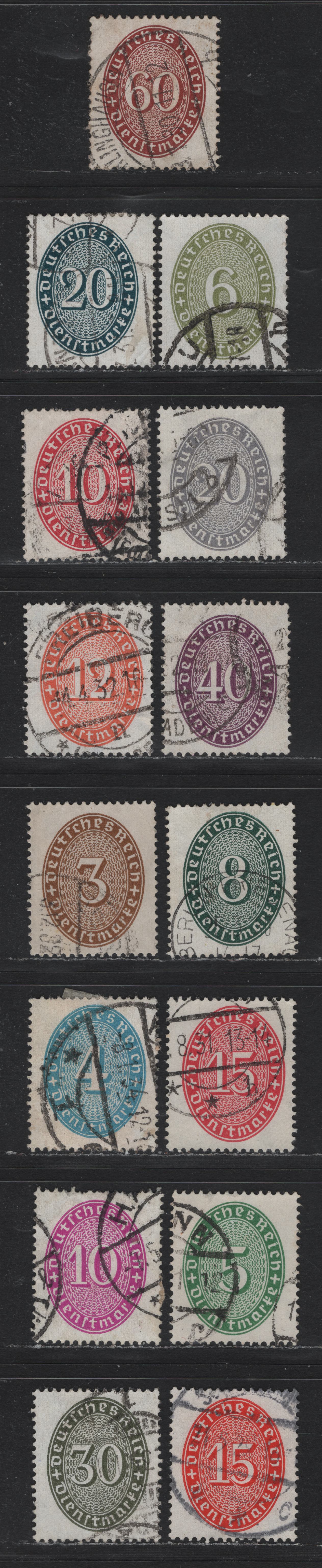 Lot 280 Germany SC#O62/O79 (114x/122x, 124x, 125x-129x) 3pf - 60pf Bistre - Red Brown , 1927-1933 Numeral Officials, Very Fine Used Singles