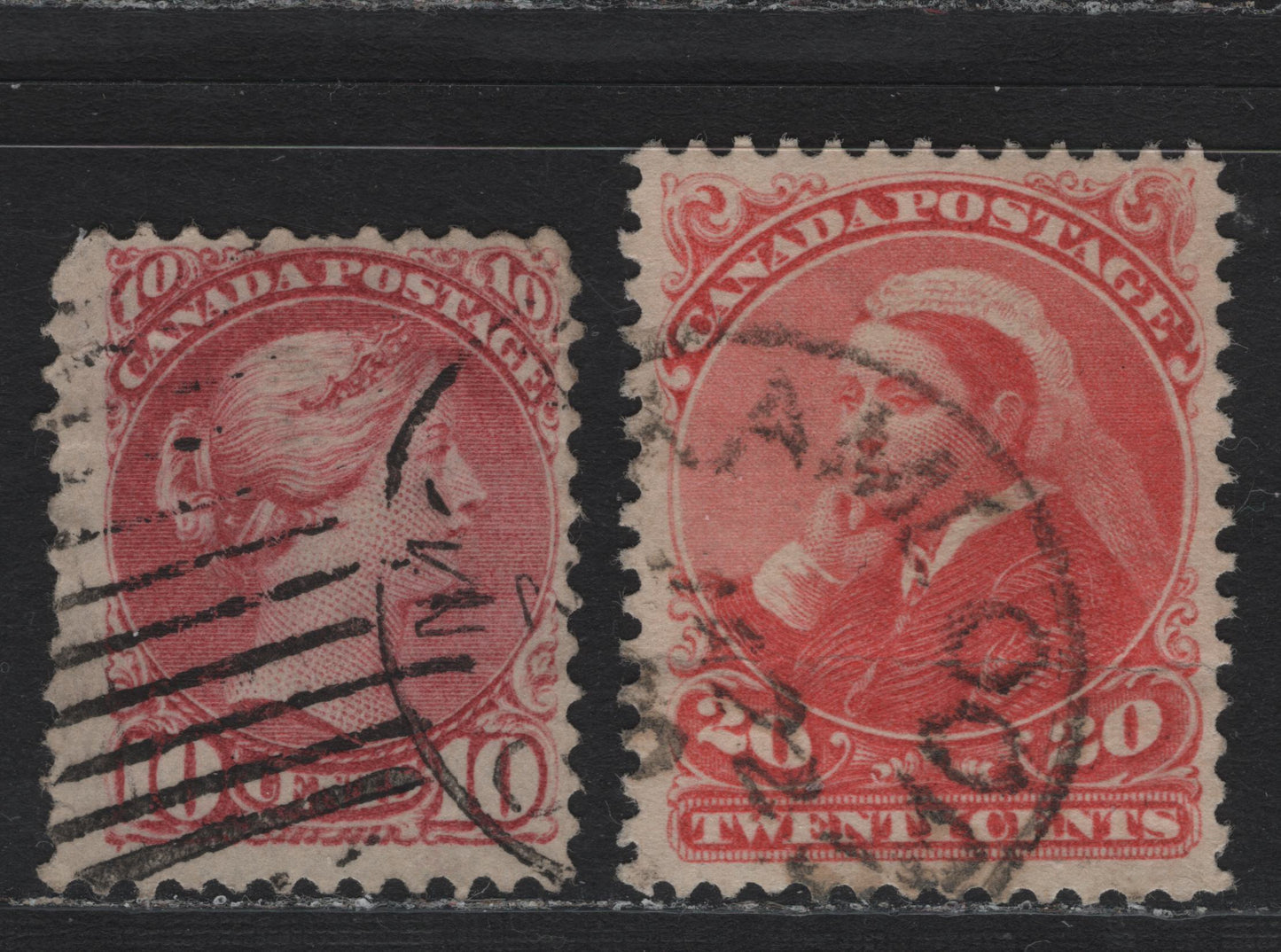 Lot 28 Canada #45a, 46 10c - 20c Deep Dull Rose - Dull Vermillion Queen Victoria, 1888-1897 Small Queen Issue, 2 Good Used Singles, Second Ottawa Printings, MG-I & 2O-J Papers, Perf 12x12.1 & 12.