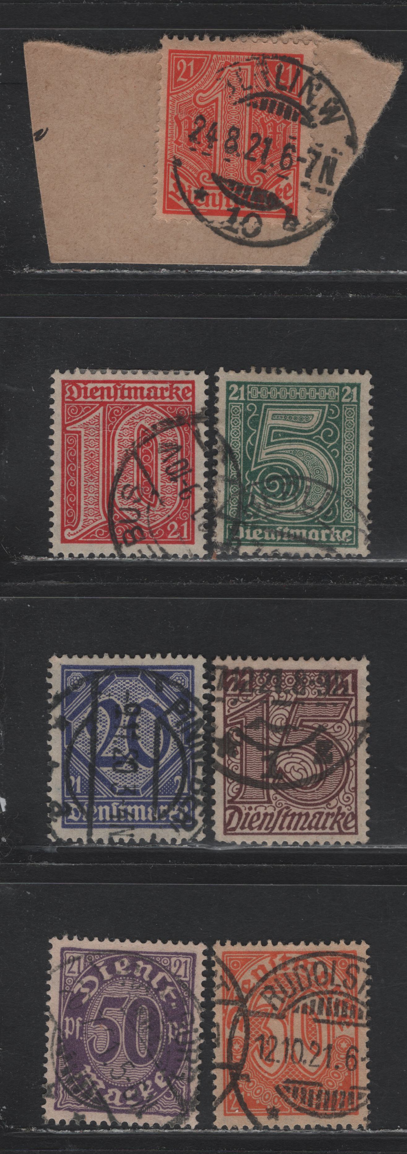 Lot 283 Germany SC#OL9-OL15 (16-19a, 20-22) 5pf - 1m Green - Red on Buff , 1920 Prussian Numeral Official Issue, Very Fine Used Singles, Postally Used With Contemporary Cancels, Contrast These With The Cancels In Lot 287