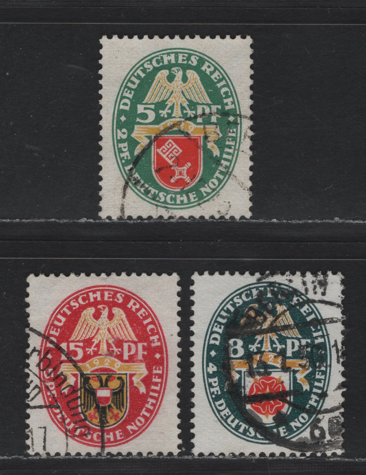 Lot 284 Germany SC#B28-B30 (430-432) 5pf+2pf - 15pf+5pf Multicolored , 1929 Arms Semi Postal, 3 Very Fine Used Singles