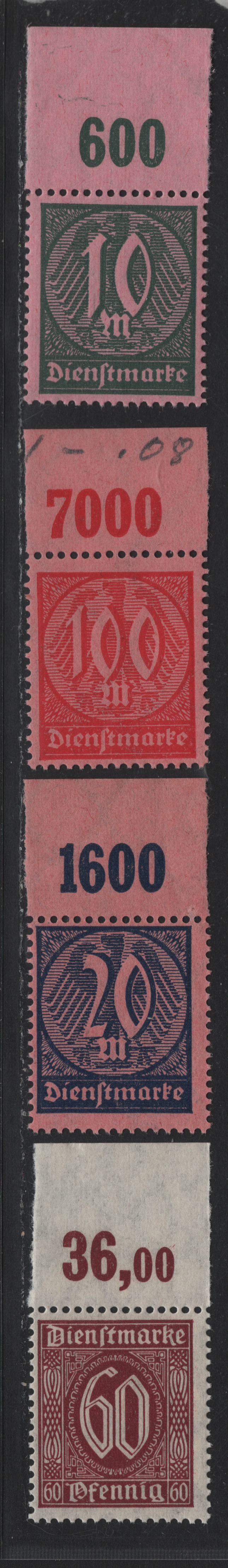 Lot 290 Germany SC#O9, O17, O19, O21 (66aPOR, 68APOR, 72POR, 74POR) 10m - 100m Dark Opal Green on Rose - Rose Red on Rose , 1922-1923 Numeral & German Eagle Official Issue, F/VFNH Top Sheet Margin Singles, Value Counters