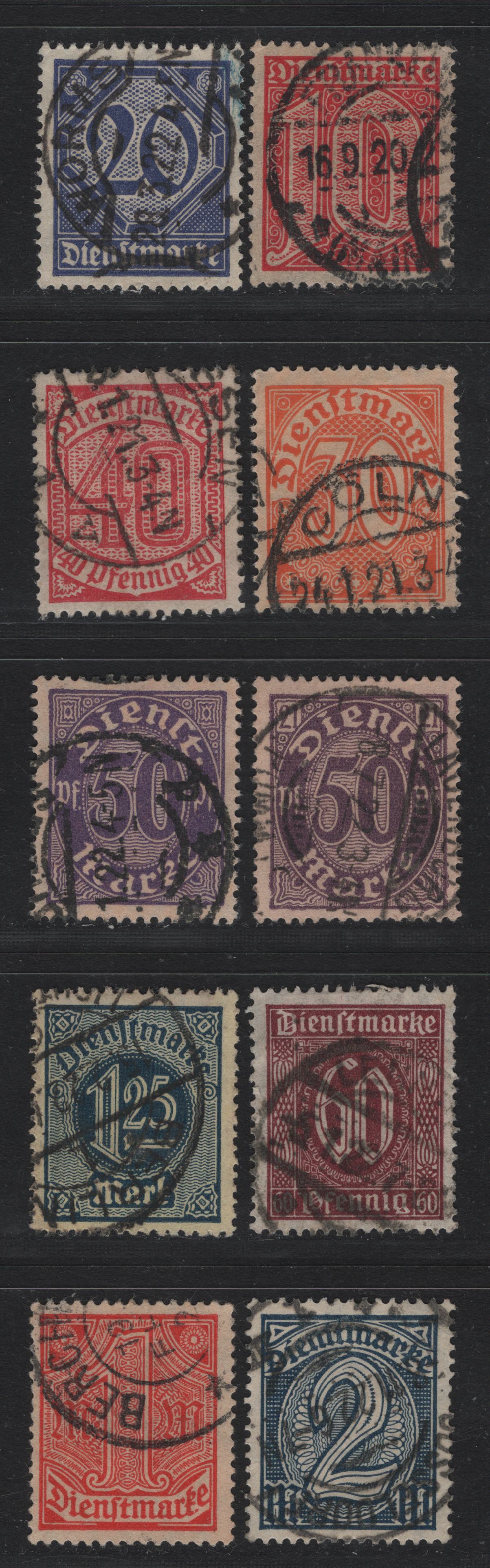 Lot 293 Germany SC#O2/O12 (24/32, 60a) 10pf - 2m Carmine Rose - Dark Blue , 1922-1923 Numeral & German Eagle Official Issue, Very Fine Used Singles, Postally Used Set, Missing Only 10pf Orange, 15pf & 5m