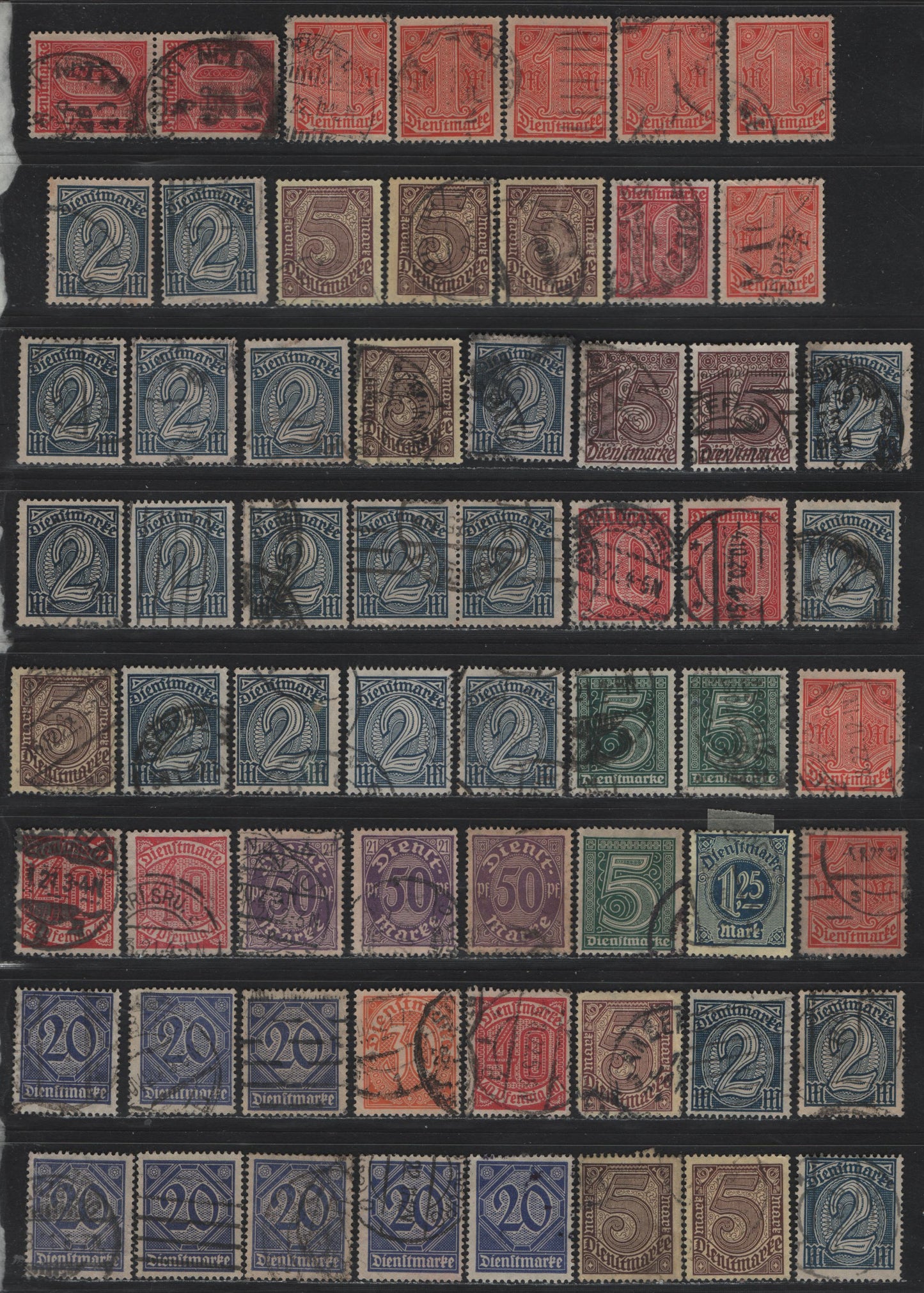 Lot 296 Germany SC#O1-O13 (23/33c, 65, 66a) 5pf - 5m Green - Sienna On Yellow , 1922-1923 Numeral & German Eagle Official Issue, Fine/Very Fine Used Singles, A Selection of CTO, Forged Or Posthumous Cancellations