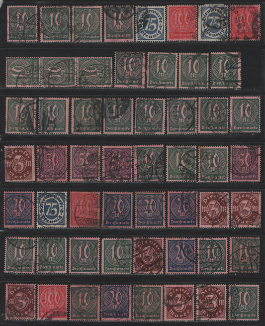 Lot 301 Germany SC#O14/O21 (69/74, 67-68a) 75pf - 100m Dark Blue - Rose Red on Rose , 1922-1923 Numeral & German Eagle Official Issue, Fine/Very Fine Used Singles, Posthumous, CTO or Forged Cancels