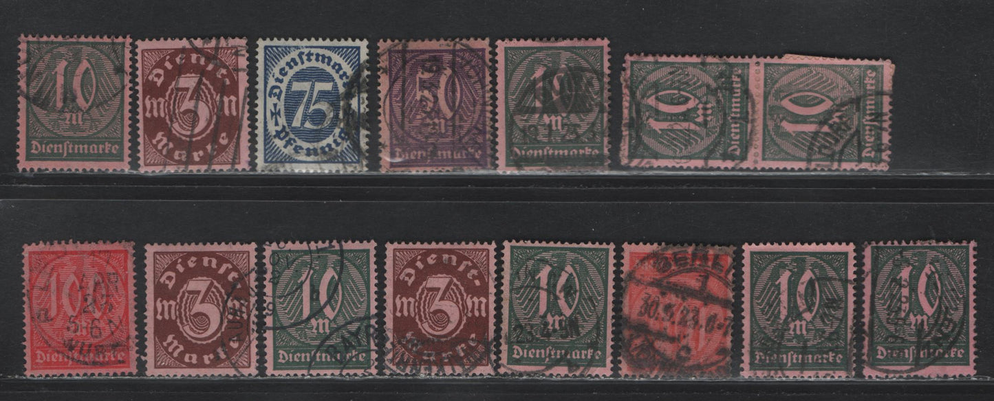 Lot 301 Germany SC#O14/O21 (69/74, 67-68a) 75pf - 100m Dark Blue - Rose Red on Rose , 1922-1923 Numeral & German Eagle Official Issue, Fine/Very Fine Used Singles, Posthumous, CTO or Forged Cancels
