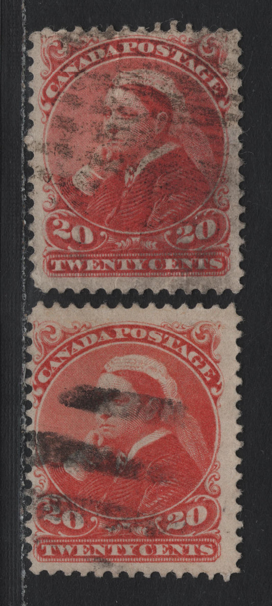 Lot 32 Canada #46 20c Vermillion - Orange Vermillion Queen Victoria, 1888-1897 Small Queen Issue, 2 Very Good Used Singles, 2O-EE & 2O-I Papers, Perfs 12 & 12x12.1
