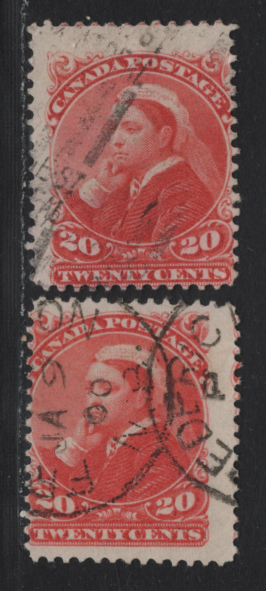Lot 33 Canada #46 20c Vermillion & Bright Vermillion Queen Victoria, 1888-1897 Small Queen Issue, 2 Good/Very Good Used Singles, 20-J & 2O-EE Papers, Perfs 12 & 12.2x12.1