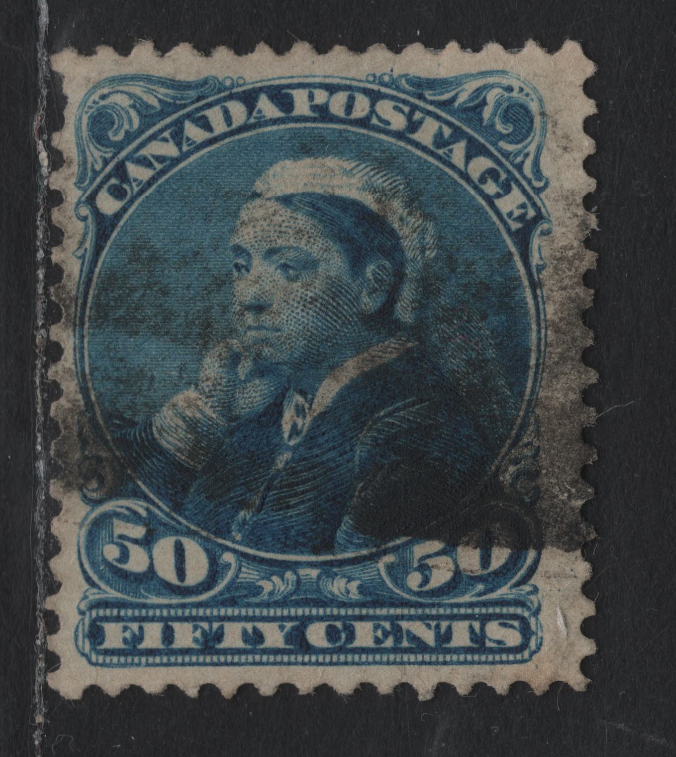 Lot 37 Canada #47 50c Blue Queen Victoria, 1888-1897 Small Queen Issue, A Very Good Used Single, 2O-J Paper, Perf 12x12.1, Pulled Perf At UL.
