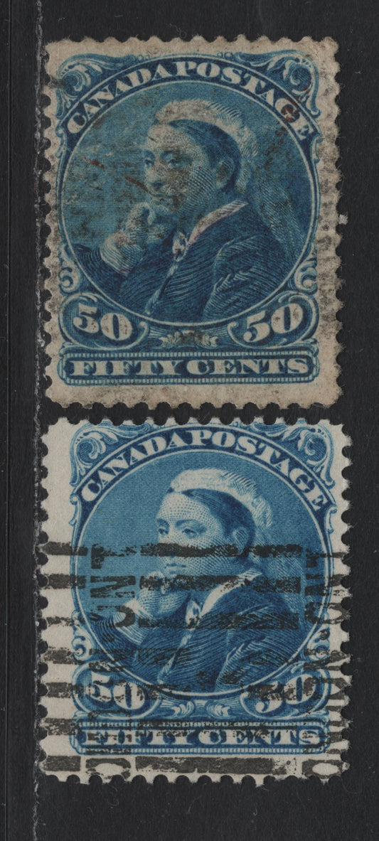 Lot 38 Canada #47 50c Blue Queen Victoria, 1888-1897 Small Queen Issue, 2 Good Used Singles, 2O-J & 2O-EE Paper, Perf 12, Heavy Horizontal Crease On 2O-J Paper.