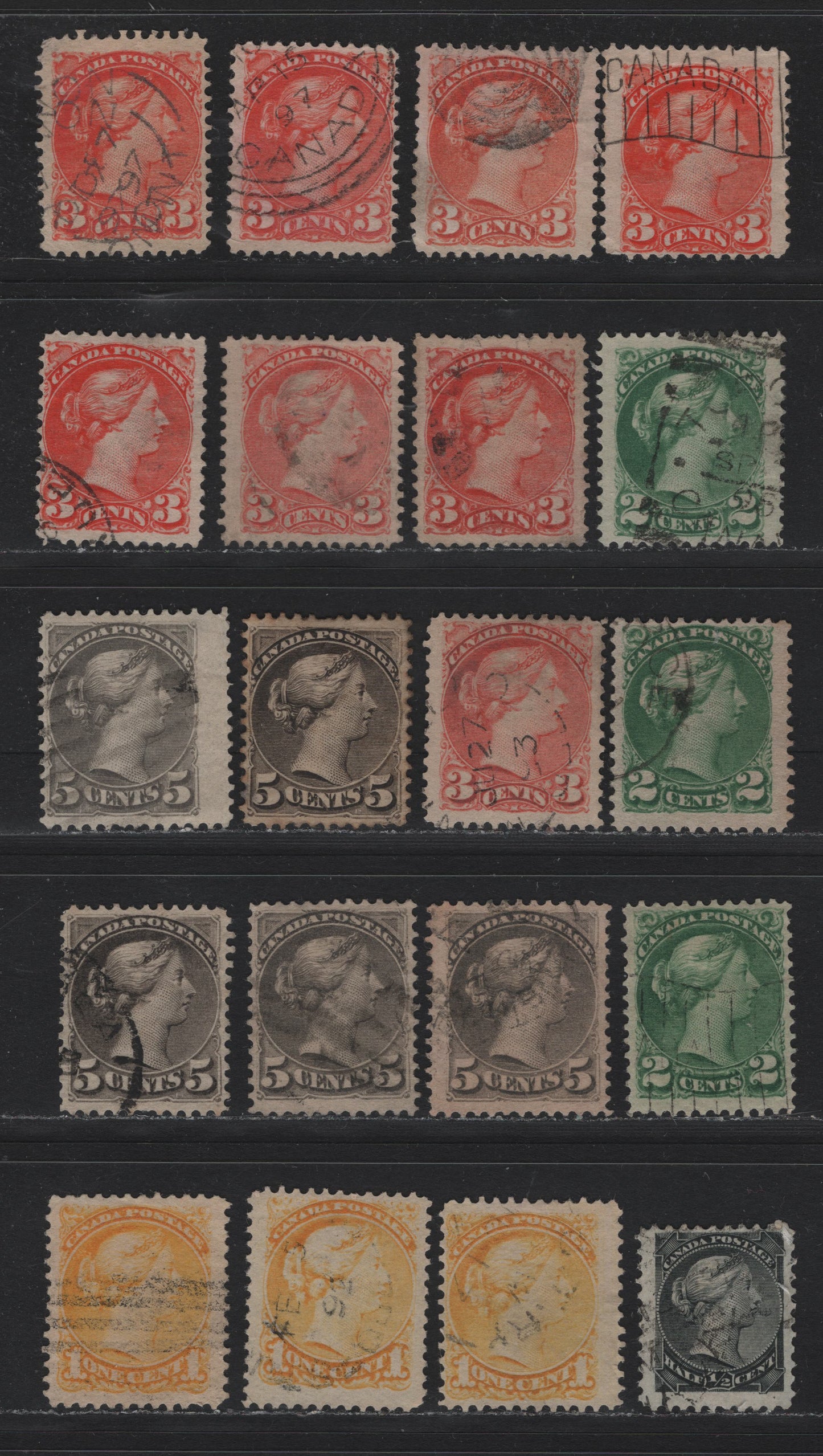 Lot 4 Canada #34-35, 36i, 41-42 1/2c - 5c Black - Brownish Gray & Gray Queen Victoria, 1870-1897 Small Queen Issue, 20 Fine Used Singles, A Selection of Second Ottawa Printings, Unchecked As To Paper & Perfs