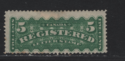 Lot 46 Canada #F2i 5c Green , 1875-1896 Registration Issue, A GOG Single, Montreal Printing, Stout Vertical Wove Paper, Perf 12, Pre-Print Crease Through 'Cents' At Left, Some Other Wrinkles.