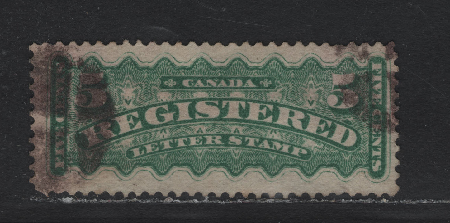 Lot 47 Canada #F2a 5c Blue Green , 1875-1896 Registration Issue, A Fine Used Single, Montreal Gazette Printing, Perf 12.1x12, Stout Horizontal Mesh Paper.