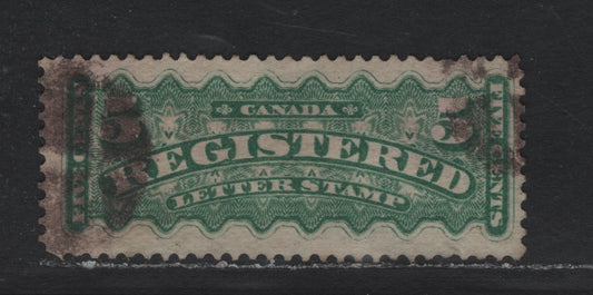 Lot 47 Canada #F2a 5c Blue Green , 1875-1896 Registration Issue, A Fine Used Single, Montreal Gazette Printing, Perf 12.1x12, Stout Horizontal Mesh Paper.