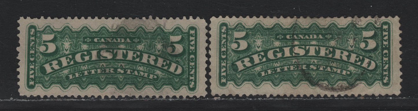 Lot 48 Canada #F2 5c Dark Green , 1875-1896 Registration Issue, 2 Fine/Very Fine Used Singles, 2nd Ottawa Printings, Soft Vertical Wove Paper With Coarse Mesh, Perfs 12.2x12 & 12.2x12.1.