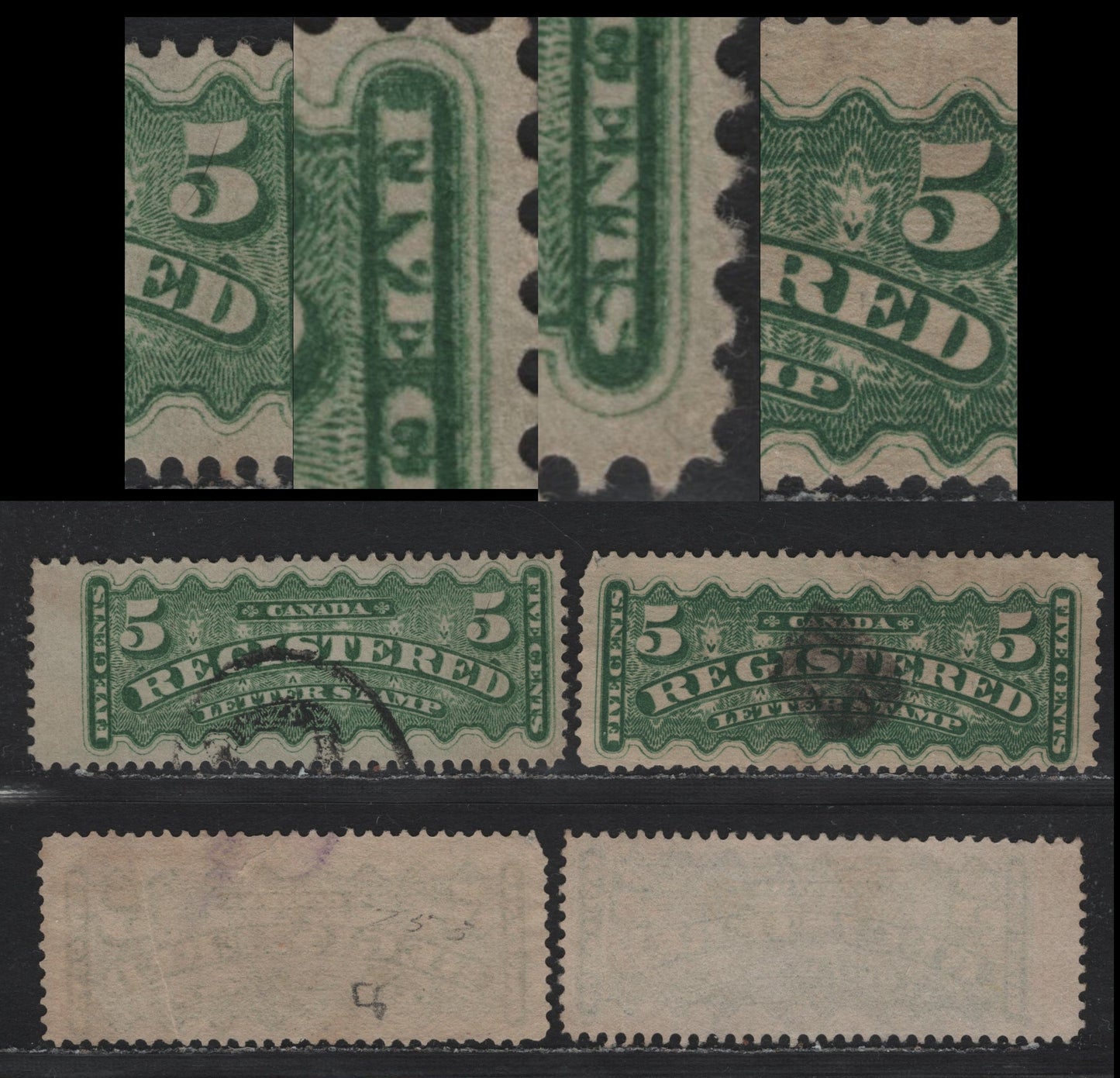 Lot 49 Canada #F2var, F2ivar 5c Green & Dark Green , 1875-1896 Registration Issue, 2 Fine/Very Fine Used Singles, 2nd Ottawa Printings, Soft Vertical Wove Paper, Pre-Print Creases, Perfs 12.1x12 & 12.