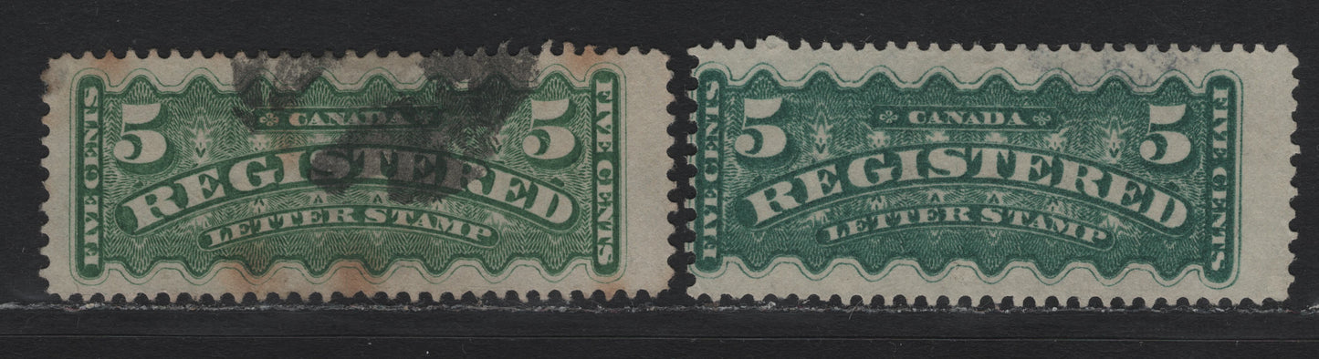 Lot 50 Canada #F2a, F2i 5c Green & Blue Green , 1875-1896 Registration Issue, 2 Fine Used Singles, 2nd Ottawa Printings, Soft Vertical Wove papers, Perf 12.1.