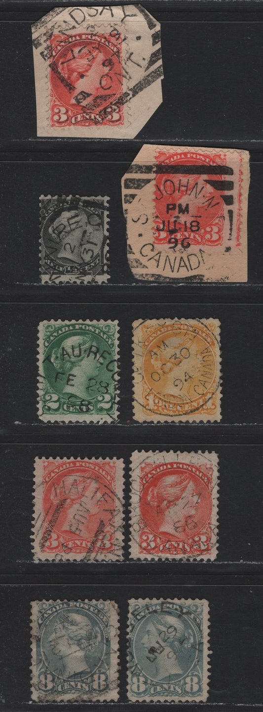 Lot 5 Canada #34-35, 36i, 37, 41, 44a 1/2c - 8c Black - Blue Gray Queen Victoria, 1870-1897 Small Queen Issue, 9 Very Good/Fine Used Singles, Cancellations On Mostly Second Ottawa Printings & One Late 1886 Montreal Printing