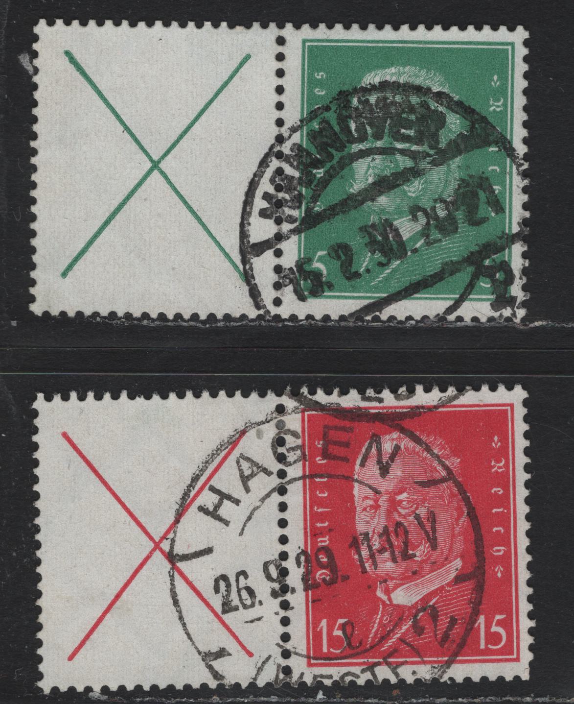 Lot 55 Germany SC#368, 374 (W27.1, W30.1) 5pf - 15pf Light Green - Carmine Rose , 1928-1932 Ebert & Hindenburg Definitives, 2 Fine/Very Fine Used Horizontal Stamp-Label Booklet Pairs