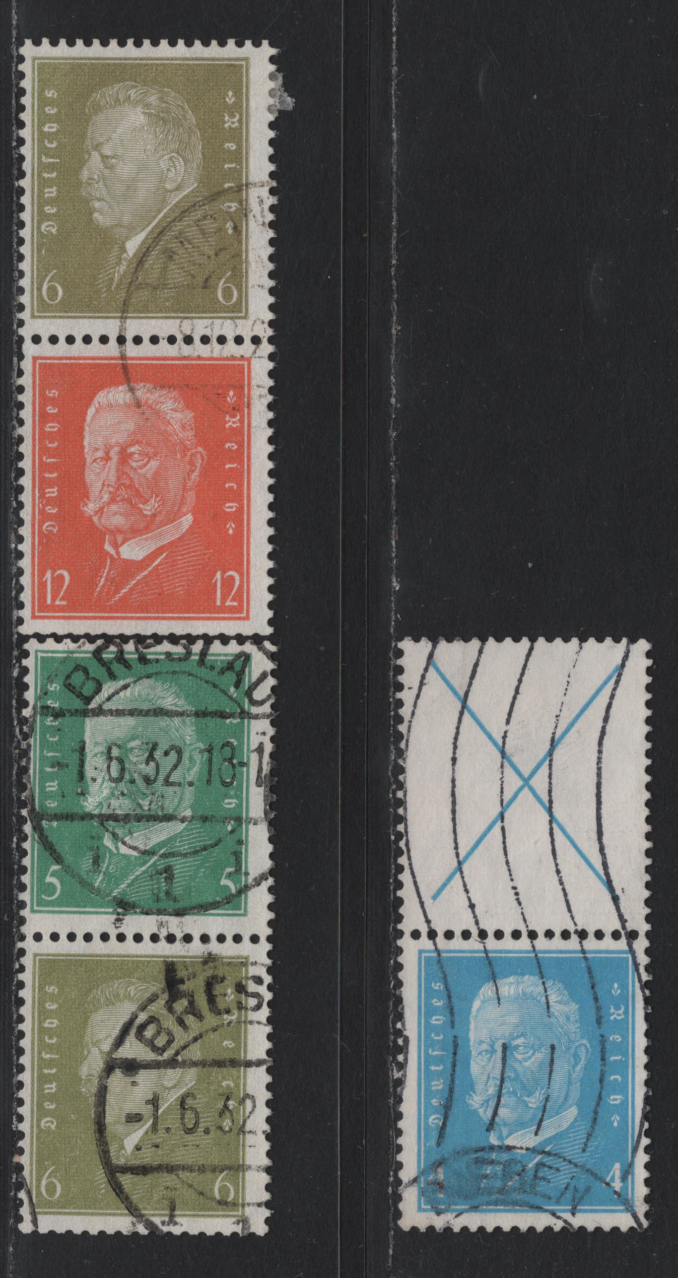 Lot 57 Germany SC#367-369, 373 (S38, S42, S46) 4pf - 12pf Light Blue - Orange , 1928-1932 Ebert & Hindenburg Definitives, 3 Fine Used Vertical Booklet Pairs, 5+6pf Having A June 1 1932 Breslau CDS