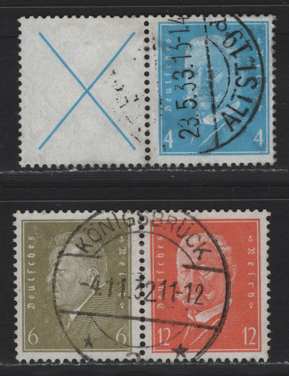 Lot 58 Germany SC#367, 369, 373 4pf - 12pf Light Blue - Orange , 1928-1932 Ebert & Hindenburg Definitives, 2 Fine/Very Fine Used Horizontal Booklet Pairs, 6pf+12pf Pair Having A Nice SON November 4 1932 Koningsbrock CDS