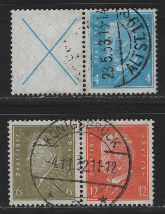 Lot 58 Germany SC#367, 369, 373 4pf - 12pf Light Blue - Orange , 1928-1932 Ebert & Hindenburg Definitives, 2 Fine/Very Fine Used Horizontal Booklet Pairs, 6pf+12pf Pair Having A Nice SON November 4 1932 Koningsbrock CDS