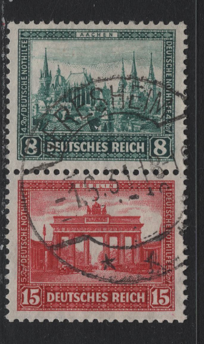 Lot 60 Germany SC#B34-B35 (S76) 8pf+4pf - 15pf+5pf Deep Green - Carmine , 1930 Charity Semi Postal Issue, A Very Fine Used Vertical Booklet Pair, June 1 1931 Neresheim CDS Cancel