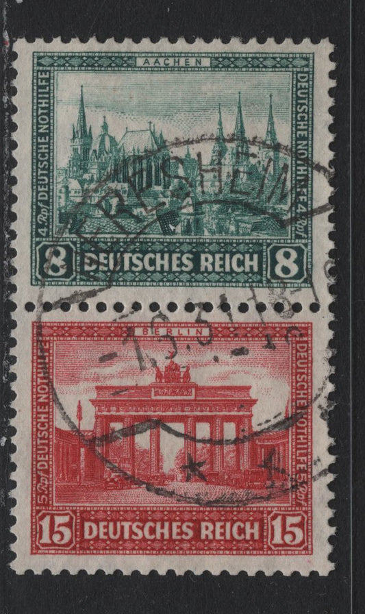 Lot 60 Germany SC#B34-B35 (S76) 8pf+4pf - 15pf+5pf Deep Green - Carmine , 1930 Charity Semi Postal Issue, A Very Fine Used Vertical Booklet Pair, June 1 1931 Neresheim CDS Cancel