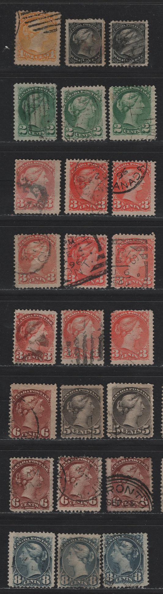 Lot 6 Canada #34-35, 36i, 41-43, 44b 1/2c - 8c Black - Slate Queen Victoria, 1870-1897 Small Queen Issue, 24 Very Good/Fine Used Singles, A Selection of Second Ottawa Printings, Unchecked As To Paper & Perfs