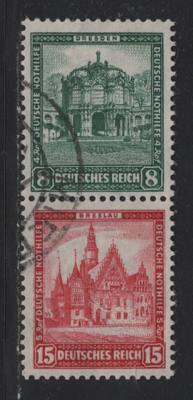 Lot 61 Germany SC#B38-B39 (S88) 8pf+4pf - 15pf+5pf Dark Green - Carmine , 1931 Charity Semi Postal Issue, A Very Fine Used Vertical Booklet Pair