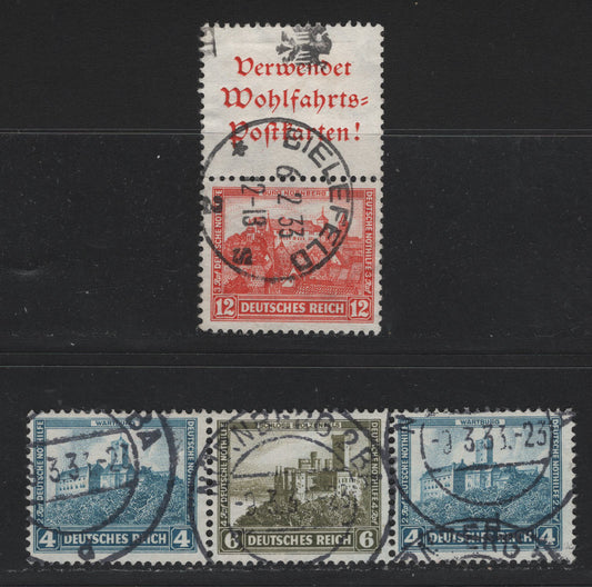 Lot 62 Germany SC#B44-B46 (S101,W44) 4pf+2pf - 12pf+3pf Light Blue - Light Red , 1932 Charity Semi Postal Issue, 2 Fine Used Vertical Stamp-Label Booklet Pair & Horiz Strip Of 3, February 6 1933 Bielefeld & March 9 1933 Nuremburg CDS Cancels