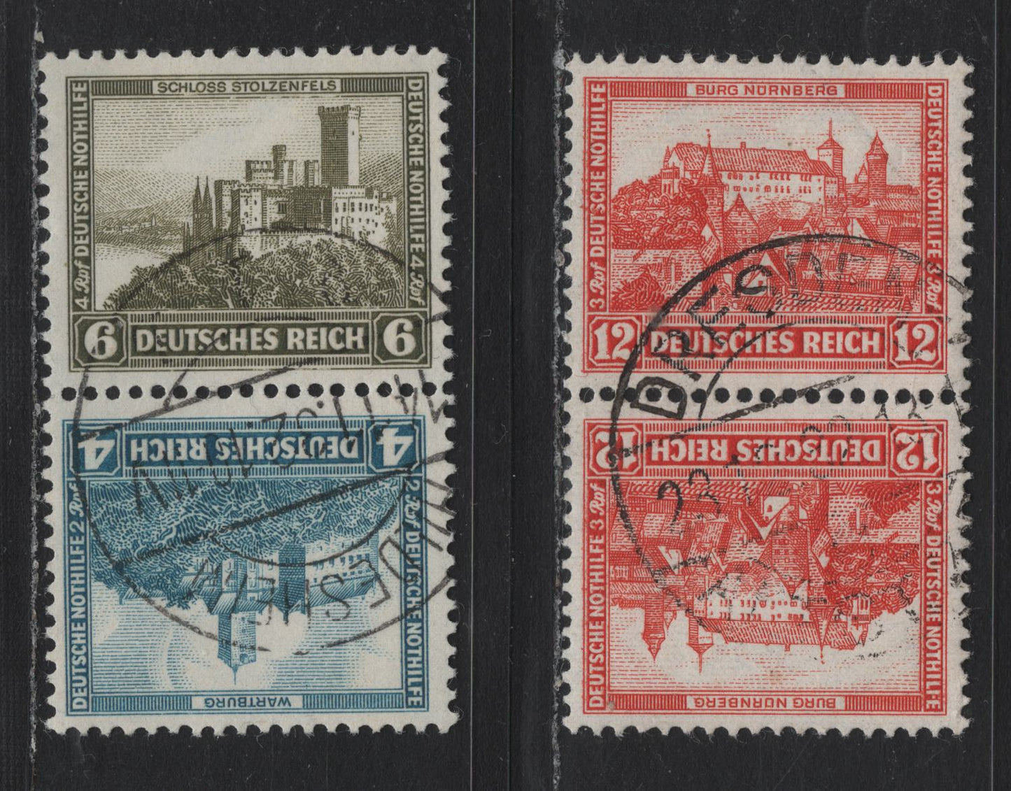 Lot 63 Germany SC#B44-B46 (SK15-16) 4pf+2pf - 12pf+3pf Light Blue - Light Red , 1932 Charity Semi Postal Issue, 2 Very Fine Used Vertical Tete-Beche Booklet Pairs, December 23 1932 Dresden & November 14 1932 Hildesheim CDS