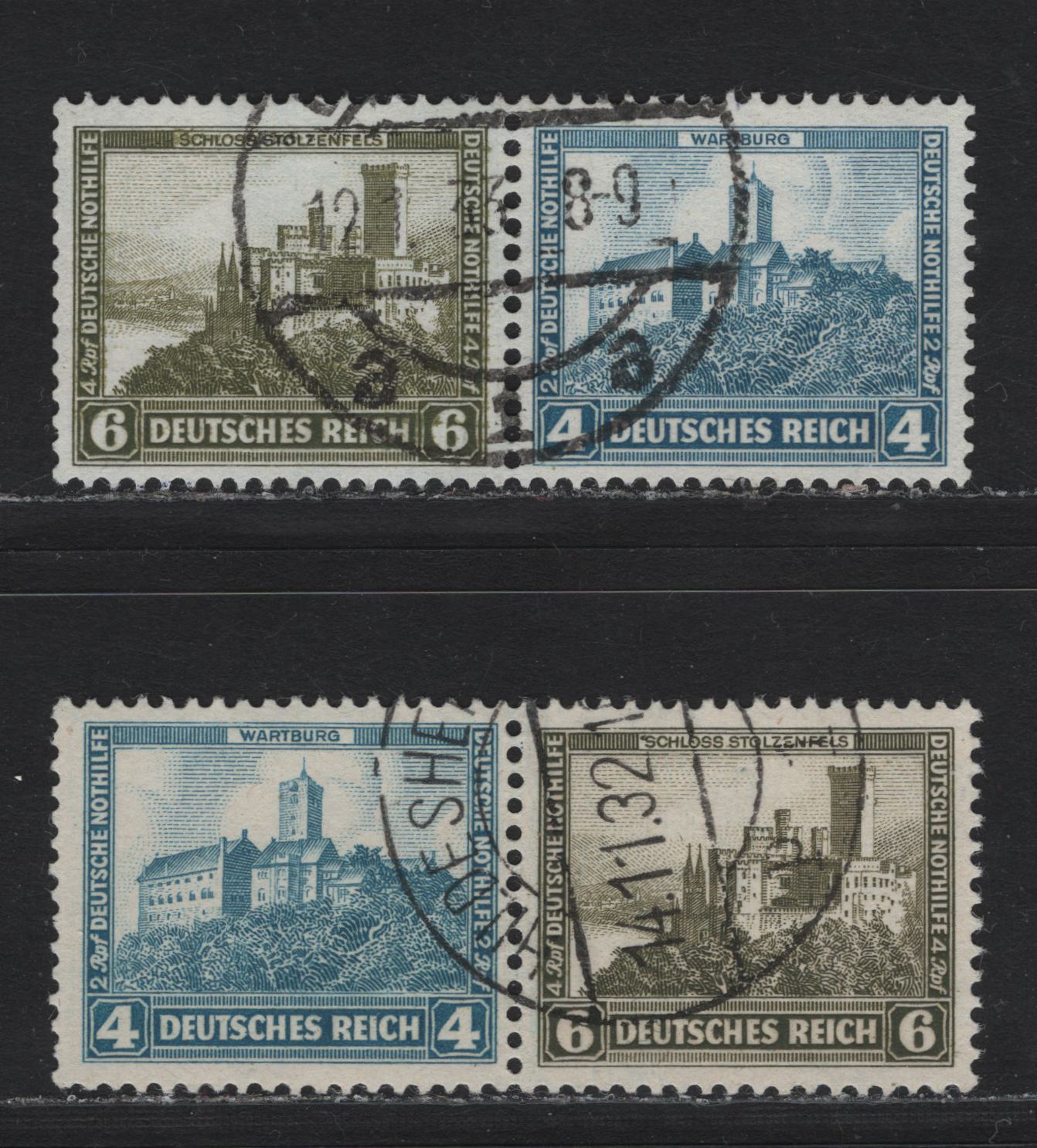 Lot 64 Germany SC#B44-B45 (W41, W43) 4pf+2pf - 6pf+4pf Light Blue - Green , 1932 Charity Semi Postal Issue, 2 Fine/Very Fine Used Horizontal Booklet Pairs