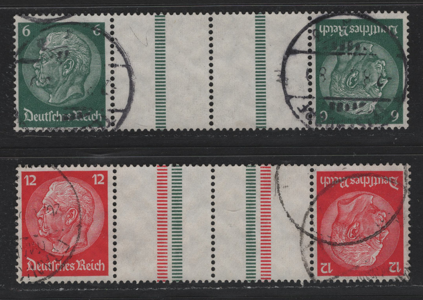Lot 70 Germany SC#419, 422 (KZ22.1, KZ23.1) 6pf - 12pf Dark Green - Carmine , 1933-1936 Hindenberg Issue, 2 Fine/Very Fine Used Horizontal Booklet Gutter Tete-Beche Pairs
