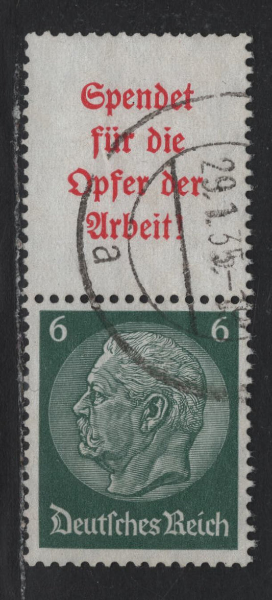 Lot 72 Germany SC#419 (S123) 6pf Dark Green , 1933-1936 Hindenberg Issue, A Very Fine Used Label-Stamp Booklet Pair, January 29 1935 CDS Cancel