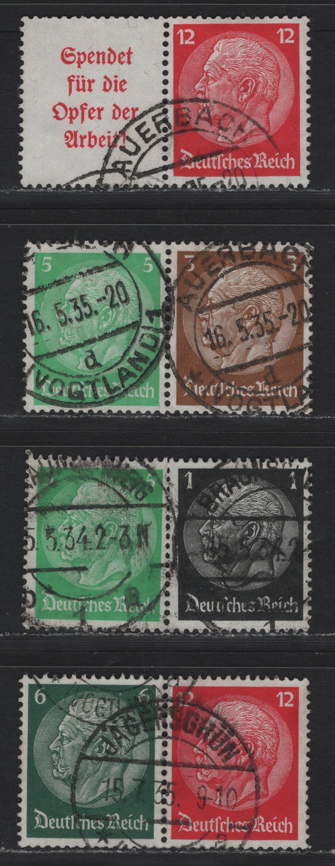Lot 73 Germany SC#415-416, 418-419, 422 (W59-W62) 1pf - 12pf Black - Deep Carmine , 1933-1936 Hindenberg Issue, 5 Fine/Very Fine Used Horizontal Booklet Pairs, May 16 1935 Averbach, July 15 1935 Jaeyersgrun & May 5 1934 Brawnserg Cancels