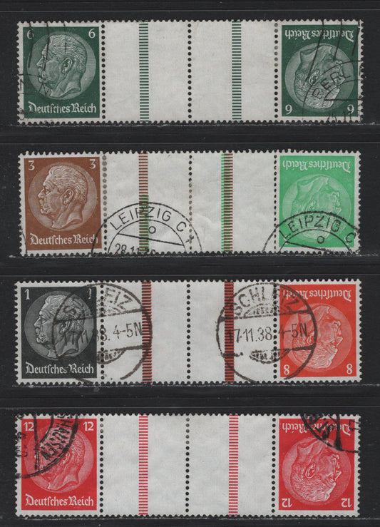 Lot 74 Germany SC#415-416, 418-420, 422 (Kz222, 23.2, 24&25) 1pf - 12pf Black - Carmine , 1933-1936 Hindenberg Issue, 2 Very Fine Used Horizontal Booklet Tete-Beche Gutter Paits, Spacing Of the Bars On The 6pf Pair Being 21mm