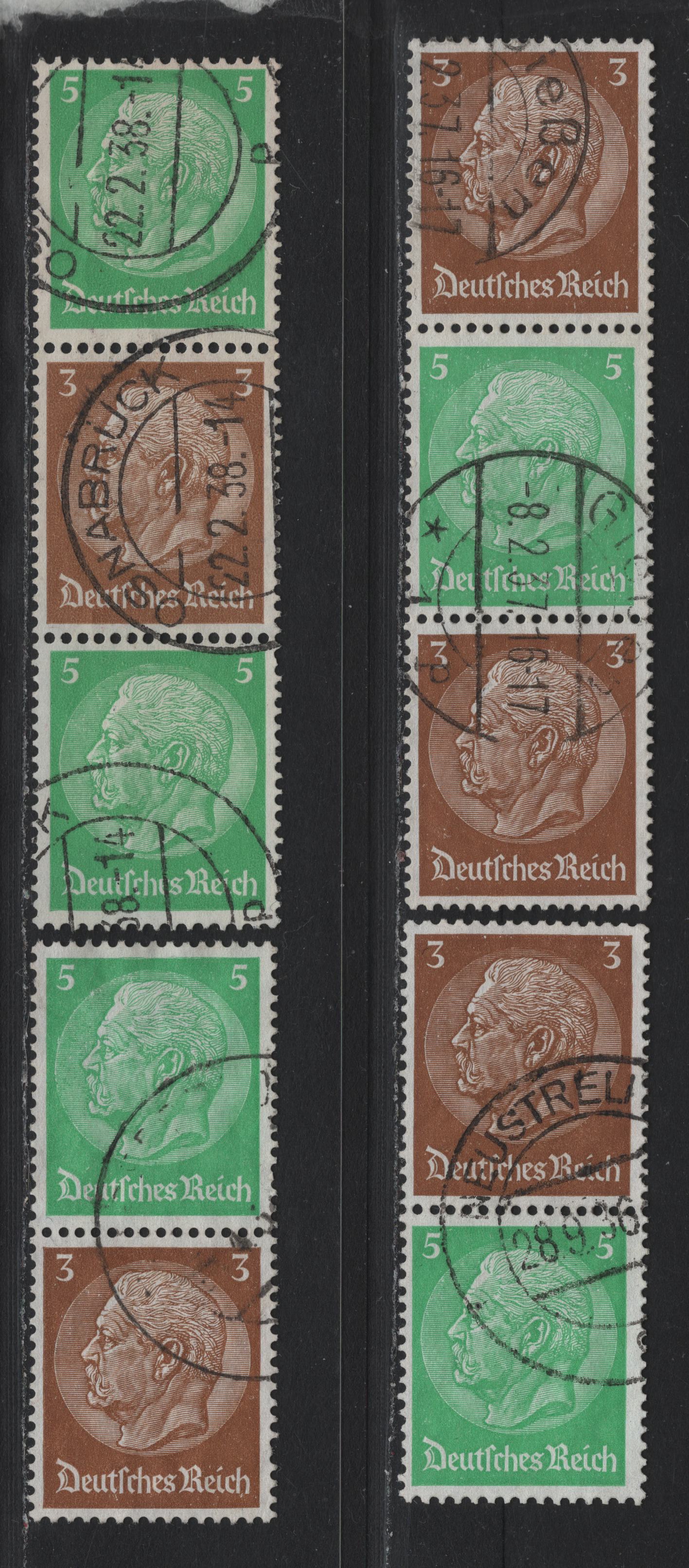 Lot 75 Germany SC#416, 418 (S127-S130) 3pf - 5pf Brown - Emerald , 1933-1936 Hindenberg Issue, 4 Very Fine Used Vertical Booklet Pairs & Strips, Different Stamp Configurations