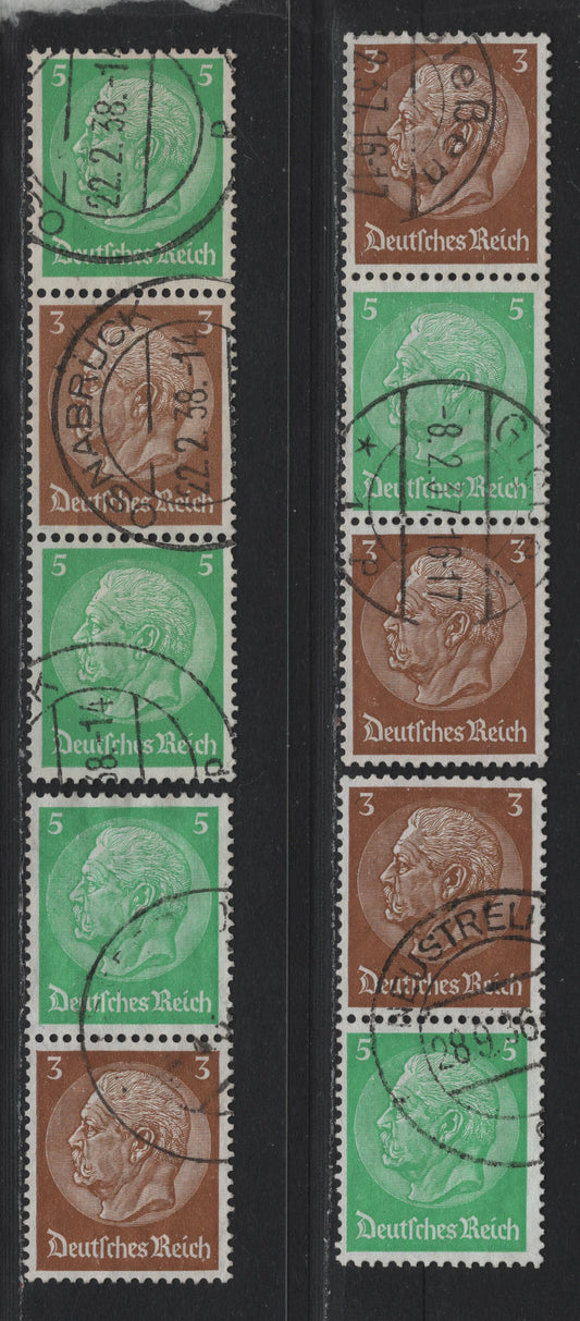 Lot 75 Germany SC#416, 418 (S127-S130) 3pf - 5pf Brown - Emerald , 1933-1936 Hindenberg Issue, 4 Very Fine Used Vertical Booklet Pairs & Strips, Different Stamp Configurations