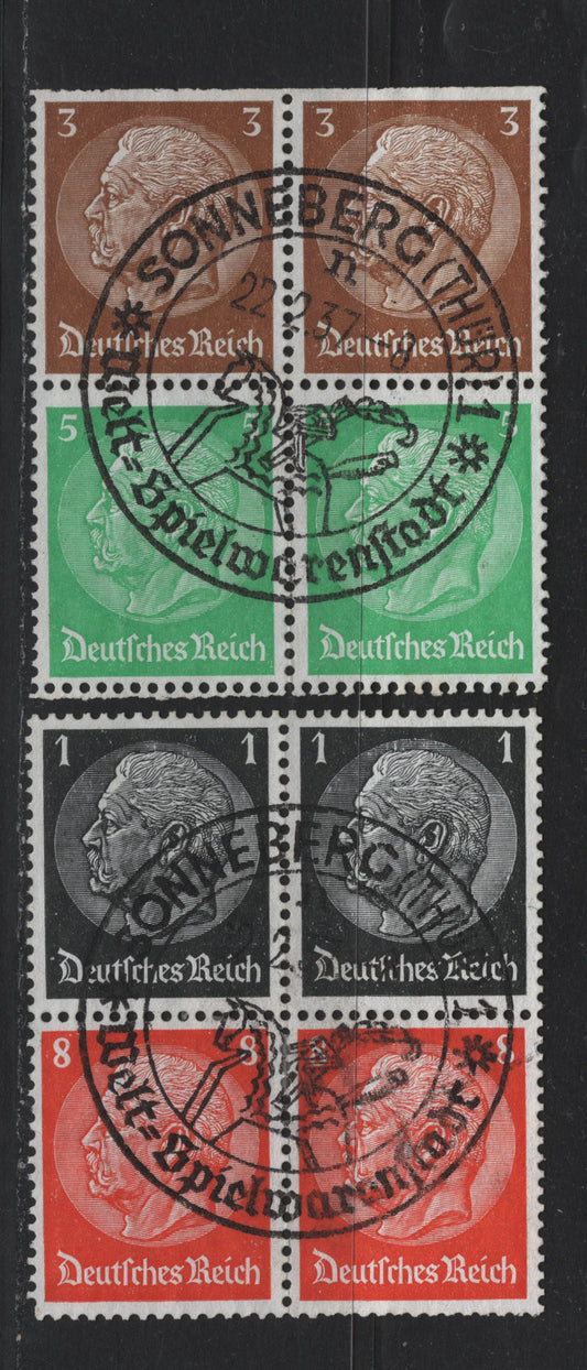 Lot 76 Germany SC#415-416, 418, 420 (S127, S135) 1pf - 8pf Black - Orange , 1933-1936 Hindenberg Issue, 2 Very Fine Used Booklet Blocks, February 22 1937 Sonneburg Commemorative Cancel