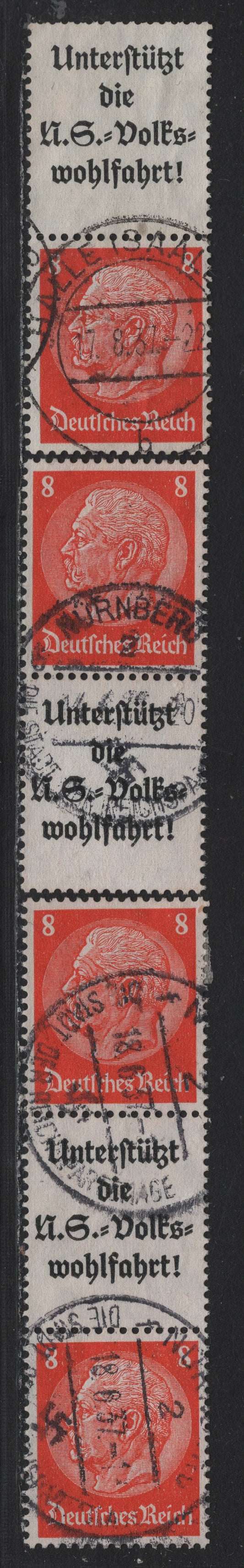 Lot 77 Germany SC#420 (S131, S133-S134) 8pf Orange , 1933-1936 Hindenberg Issue, 3 Very Fine Used Vertical Stamp-Label Booklet Pairs & Stamp-Label-Stamp Booklet Strip, August 17 1937 Halletsaale, April 14 1938 & June 18 1937 Nuremburg Cancels