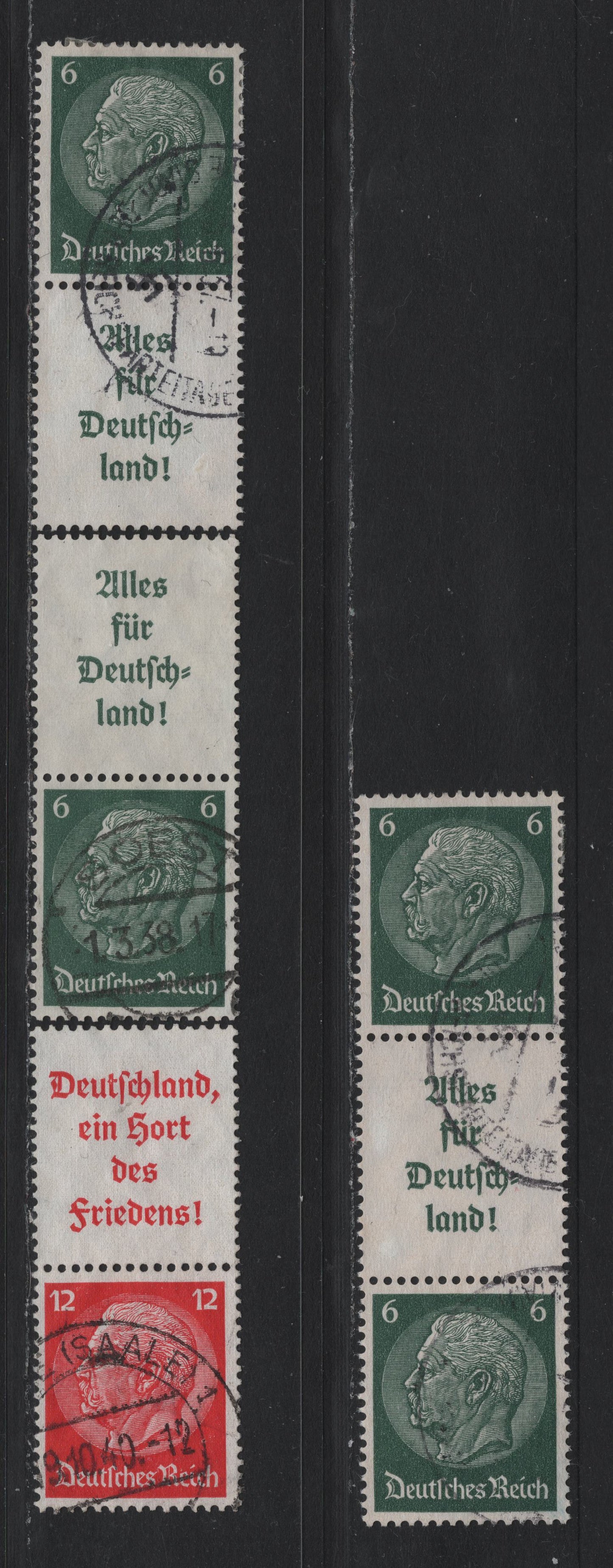 Lot 79 Germany SC#419-422 (S139, S141-S142, S143) 6pf - 12pf Dark Green - Deep Carmine , 1933-1936 Hindenberg Issue, 4 Fine/Very Fine Used Vertical Label-Stamp & Stamp-Label Pairs & Strip