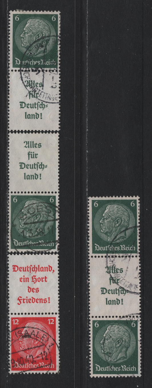 Lot 79 Germany SC#419-422 (S139, S141-S142, S143) 6pf - 12pf Dark Green - Deep Carmine , 1933-1936 Hindenberg Issue, 4 Fine/Very Fine Used Vertical Label-Stamp & Stamp-Label Pairs & Strip
