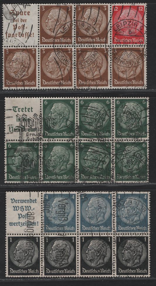 Lot 80 Germany SC#415a, 416c, 419b (93B, 94B, 96B) 1pf - 12pf Black - Carmine, 1933-1936 Hindenberg Issue, 3 Fine/Very Fine UsedBooklet Panes Of 7+Label