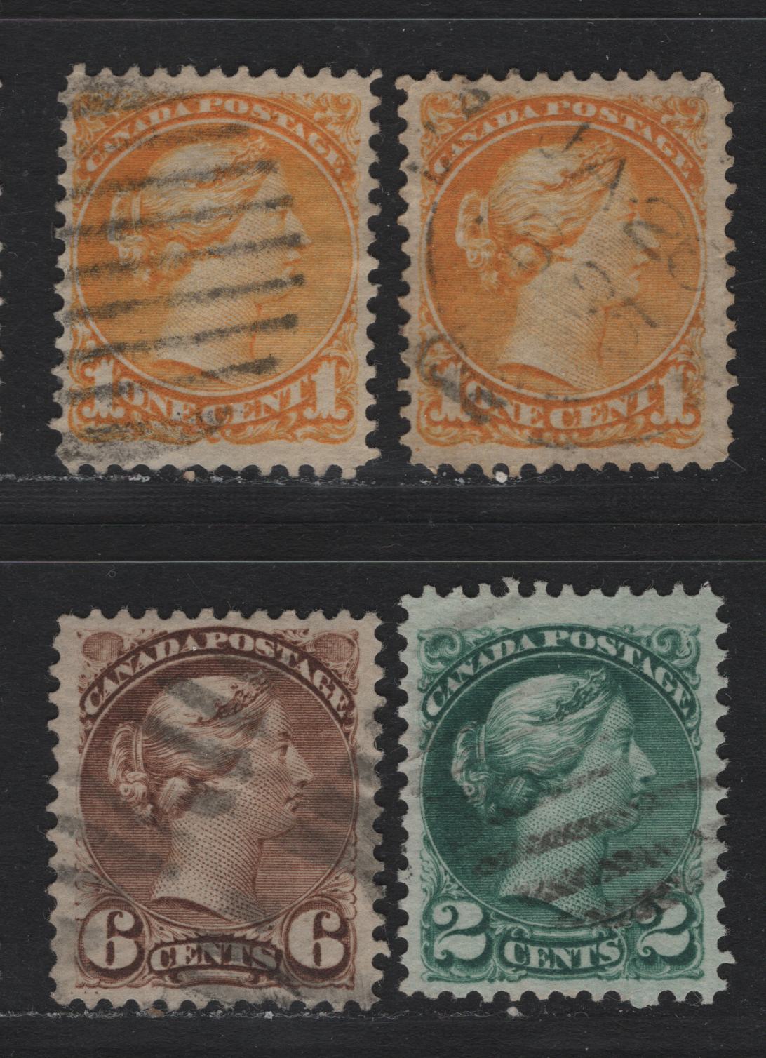 Lot 8 Canada #35i, 36d, 39d 1c - 6c Deep Yellow - Deep Brown Queen Victoria, 1870-1893 Small Queen Issue, 4 Very Fine Used Singles, Late Montreal & Mid-Montreal Printings, Perfs 12 or 12.1, Unchecked For Specific Paper Types.