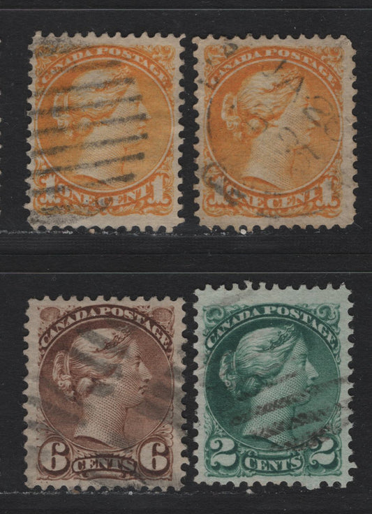Lot 8 Canada #35i, 36d, 39d 1c - 6c Deep Yellow - Deep Brown Queen Victoria, 1870-1893 Small Queen Issue, 4 Very Fine Used Singles, Late Montreal & Mid-Montreal Printings, Perfs 12 or 12.1, Unchecked For Specific Paper Types.