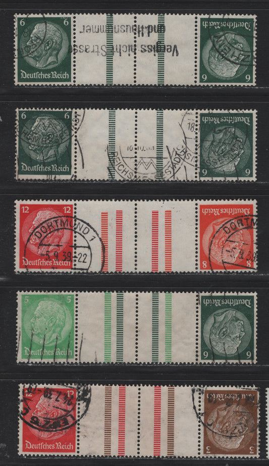 Lot 81 Germany SC#416, 418-420, 422 (Kz22.3, 22.4, KZ31-33) 3pf - 12pf Brown - Carmine, 1933-1936 Hindenberg Issue, 5 Fine/Very Fine Used Tete-Beche Booklet Gutter Pairs, Two 6pf Pairs Having Different Spacings Between Vertical Bars (15mm & 16mm)