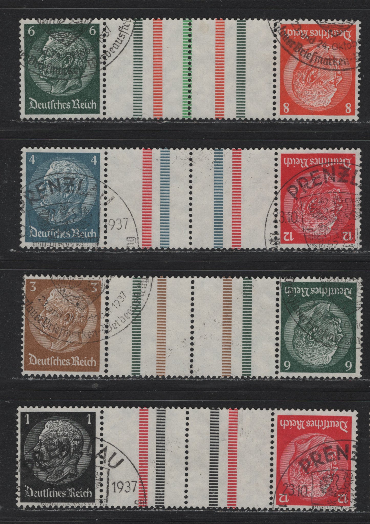 Lot 83 Germany SC#415/422 (KZ26, KZ27.1, KZ28, KZ29.2) 1pf - 12pf Black - Deep Carmine , 1933-1936 Hindenberg Issue, 4 Very Fine Used Tete-Beche Booklet Cutter Pairs, 14mm Spacing (3+6pf), 6+8pf Having 5 Bars Inside The Gutter