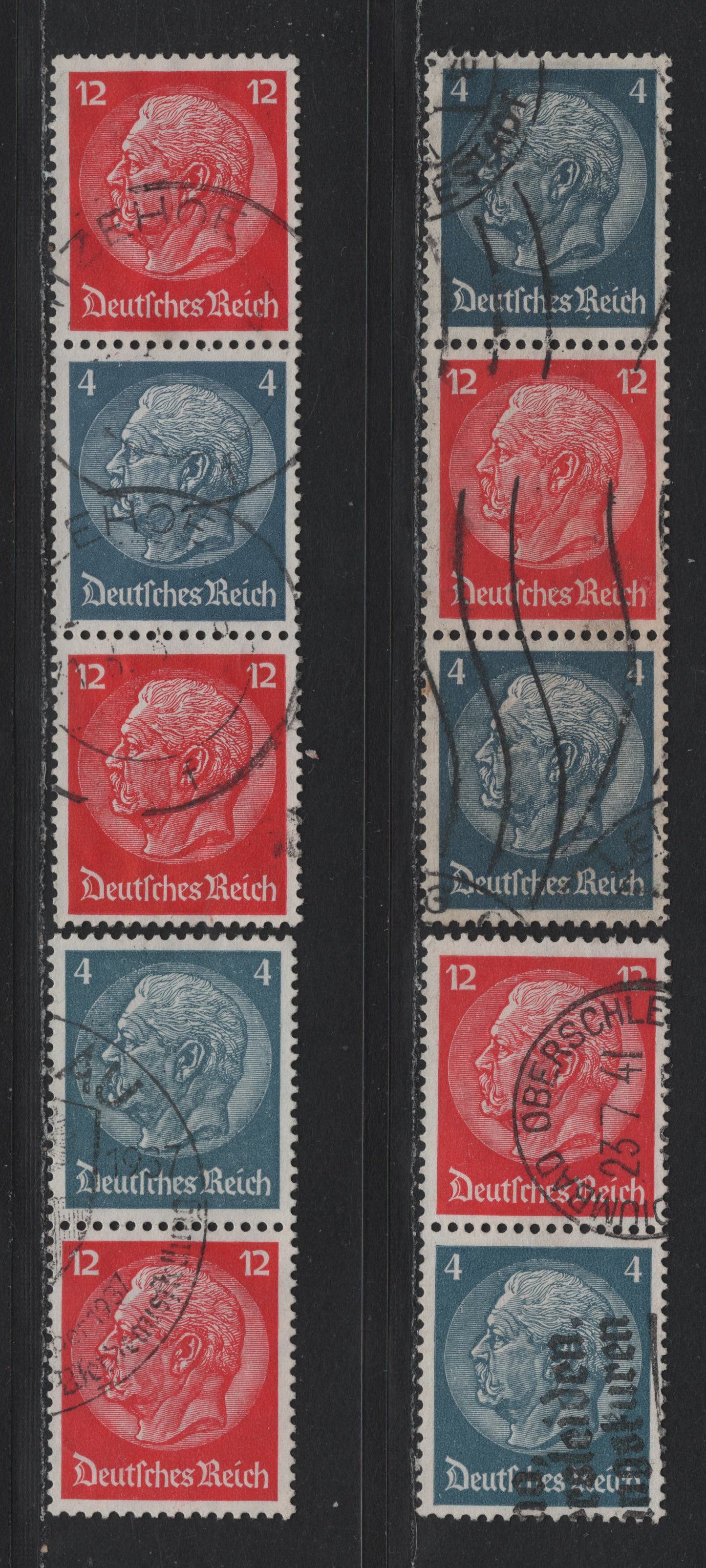 Lot 88 Germany SC#417, 422 (S163-S166) 4pf - 12pf Gray Blue - Deep Carmine , 1933-1936 Hindenberg Issue, 4 Fine/Very Fine Used Vertical Booklet Pairs & Strips Of 3, Representing All Configurations Of These Stamps
