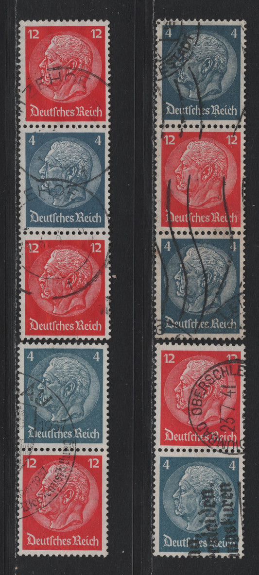 Lot 88 Germany SC#417, 422 (S163-S166) 4pf - 12pf Gray Blue - Deep Carmine , 1933-1936 Hindenberg Issue, 4 Fine/Very Fine Used Vertical Booklet Pairs & Strips Of 3, Representing All Configurations Of These Stamps