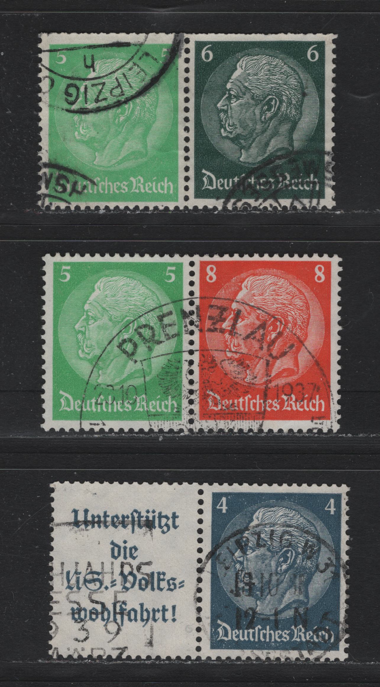 Lot 89 Germany SC#418-420 (W68-W70) 4pf - 8pf Gray Blue - Orange , 1933-1936 Hindenberg Issue, 3 Fine/Very Fine Used Horizontal Booklet Pairs & Label-Stamp Booklet Pair